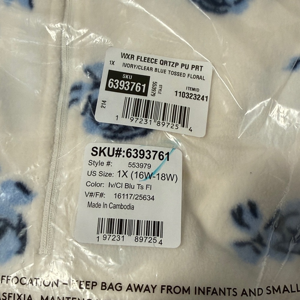 Lands' End Cream and Blue Floral 1/4 Zip Fleece Pullover Size 1X NWT - Picture 3 of 3